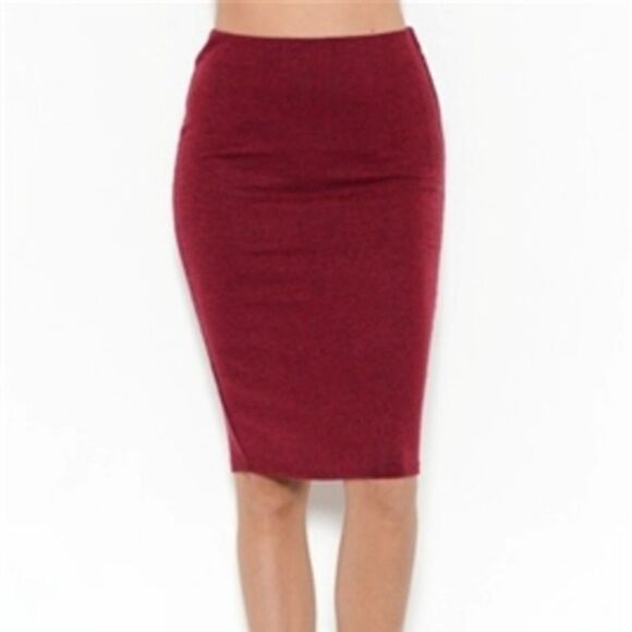 HEART & HIPS Burgundy/Black Two Tone Hacci Rib Knee Career Office Pencil Skirt - Picture 2 of 5
